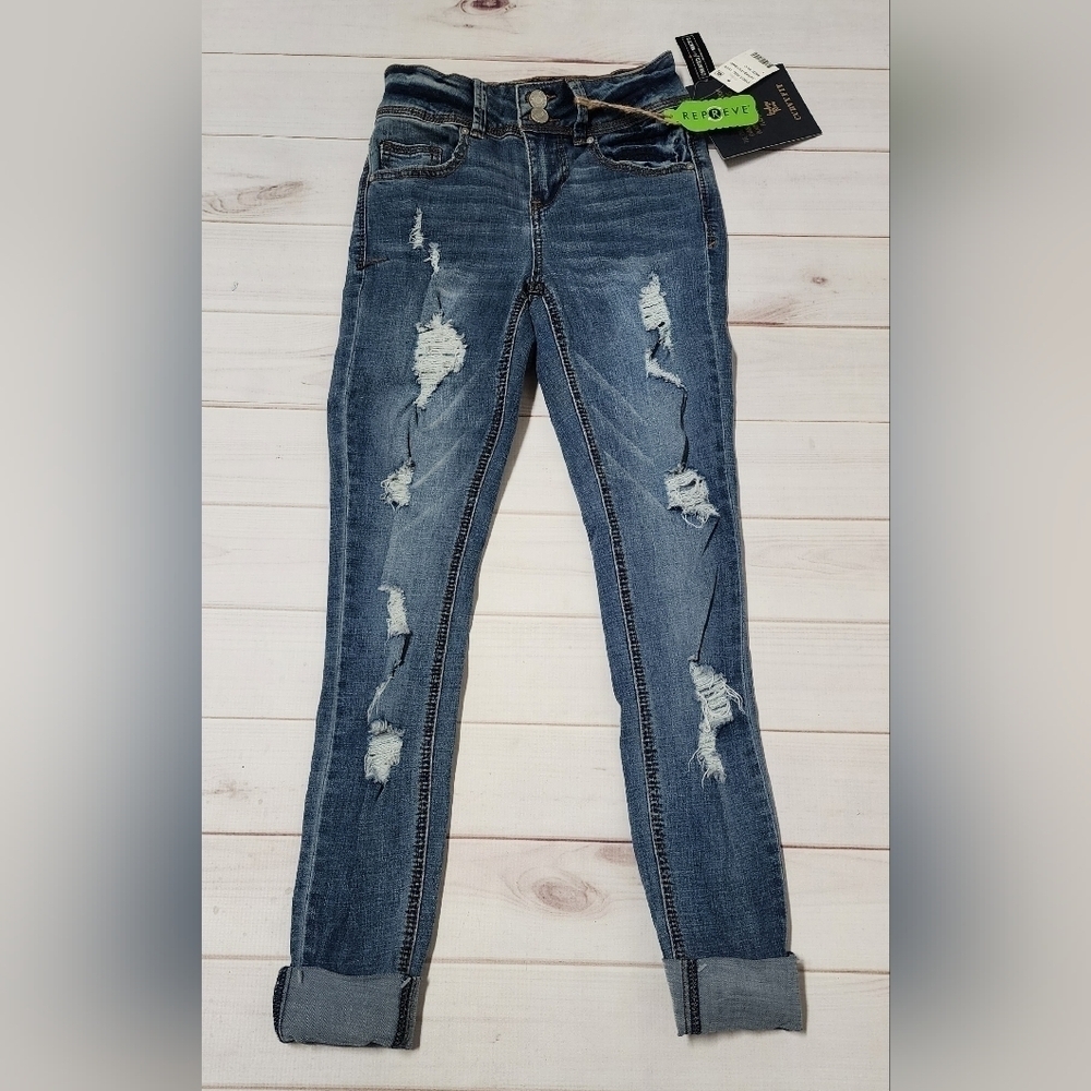 Indigo Rein Juniors' Distressed Two-Button Jeans Size 1 / 25W 27L - New With Tag